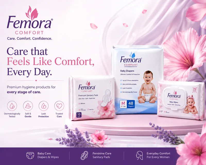 Femora Comfort Product Range - Sanitary Napkins, Baby Diapers, and Comfort Wear